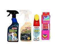 Ma-Fra Kit Trattamento Auto Interno ED Esterno. FLASH pulitore con spazzola- Trattamento 3IN1 TESSUTI- PLASTICHE,INSIEME 7 PANNI MICROFIBRA MULTIUSO 30x35 cm