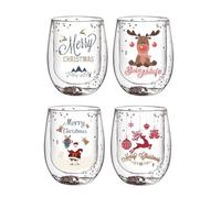 MA MAISON Set 4 Bicchieri Natalizi in Vetro 300ML- con Doppia Parete, con Glitter, Resistenti, Ideale per Tavola Natalizia, Idea Regalo, Disegni Assortiti