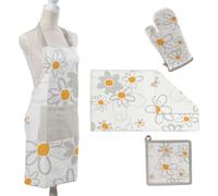 Ma Maison Set con Design a Margherite da Cucina in Tessuto: Strofinaccio, Presina, Guanto e Grembiule Coordinati, Eleganti e Funzionali per Aggiungere Stile e Praticità alla Tua Cucina