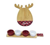 MA MAISON Set Tagliere a Renna 24,5X18CM + 4 Ciotoline Rosso e Bianco con Vassoio 40X9X4H CM - per Stuzzichini, Snack, Multifunzione, Festività, Aperitivo, Natale, da Tavola - in Legno