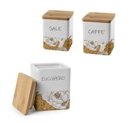 MA MAISON Tris di Sale, Zucchero e Caffè in Ceramica con Tappo in Legno- Dimensioni compatte 10x13 cm - Elegante e Pratico per la Conservazione degli Alimenti con Stile (Rose, Quadrato)