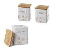 MA MAISON Tris Quadrato Daisy: Set Sale, Zucchero e Caffè in Ceramica con Tappo in Legno- Dimensioni compatte 10x13 cm - Elegante e Pratico per la Conservazione degli Alimenti con Stile