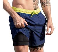 MaaMgic 2 in 1 Pantaloncini da Bagno da Uomo Asciugatura Veloce Costume da Bagno per Surf sulla Spiaggia Multi-funzioni Allenamento con Fodera di Compressione,Blu Nero Giallo 5.5,XS
