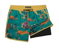 MaaMgic Costume da bagno corto da uomo, stile retrò, vintage, con compressione, pantaloni interni 2 in 1, ad asciugatura rapida, 4 vie, elastico e coulisse regolabile, Leopardo Fiore Rosso Giallo
