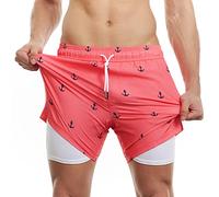 MaaMgic Uomo Costume da Bagno Corto 2-in-1 Compressione Pantaloncini da Surf 7 Pollici Interni Asciugatura Rapida Shorts con Tasche Ancora Rosa 7 S