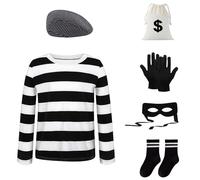 Maazusa Costume da rapatore di Halloween, 6 pezzi, con maglietta a righe, berretto, maschera per gli occhi, tasche, guanti, calze, costume da ladri per Halloween, carnevale