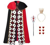 Maazusa Costume da regina da donna, 4 pezzi, mantello regina del cuore, travestimento con corona, orecchini a forma di cuore, per Halloween, compleanno, festa di Halloween