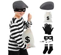 Maazusa Costumi da ladro per bambini, 6 pezzi, con maglietta a righe, berretti, maschera per gli occhi, tasche, guanti, calze, travestimenti per feste di Halloween (130)