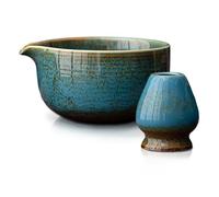 Mabecol Set Matcha Giapponese 2 Pezzi con Ciotola in Ceramica con Beccuccio 510ml e Supporto per Frustino,Kit Essenziale per Tè Matcha, Latte e Regalo Elegante, Blu