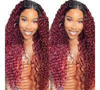 MACA BAKA Ombre Borgogna Deep Curly 13x4 Lace Front Parrucche Glueless Long Curly Dark Wine Red sintetico parrucca anteriore in pizzo per le donne Pre pizzicata con capelli del bambino densità 150 61