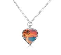 maccbn Collana con urna a forma di albero di cocco al tramonto, impermeabile, con ciondolo commemorativo a forma di cuore, con kit di riempimento, catena regolabile da 70,1 cm, gioiello per la