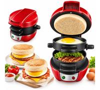 Macchina da sandwich elettrica multistrato,riscaldamento su entrambi i lati | Muffin Burger Maker da 600W con Anello per Cottura Uova, Piastre Antiaderenti per Sandwich, Omelette e Waffle(red)