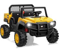 Macchina Elettrica 2 Posti Caterpillar 24V per Bambini Camion da Cantiere con Cassone Ribaltabile e Pala 4 Motori da 100W Telecomando per Genitori Carico Massimo 50Kg Giallo