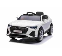 Macchina elettrica per bambini Audi E-tron Sportback 12V, bianco, sedile singolo largo con cintura di sicurezza a 3 punti, telecomando 2,4 GHz, ingresso USB/AUX, sospensioni, batteria al litio