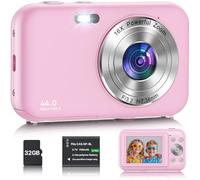 Macchina Fotografica Digitale con scheda da 32GB, 1080P 44MP Fotocamera Digitale Compatta con Zoom Digitale 16X Flash e Batterie, Ricaricabile Fotocamera per Bambini, Adulti, Principianti (Rosa)