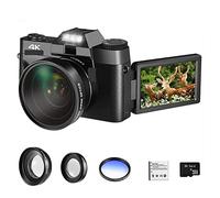 Macchina fotografica digitale, Videocamera digitale grandangolare 4K Vlog Videocamera for Webcam Obiettivo macro Zoom 16X 48MP Registratore selfie Flip Screen(With 64GB TF card,With Lens Filter)