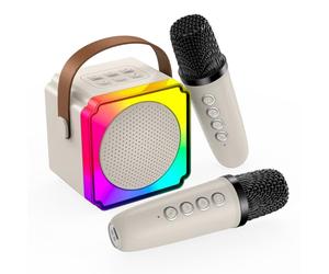Macchina Karaoke per Bambini con 2 Microfoni Wireless di MMOBIEL - Portatile Cassa Bluetooth, 2 Microfono, Luce LED, Effetti Vocali - Giocattolo Musicale, Regalo per Ragazze, Ragazzi, Bambini 3+,Beige