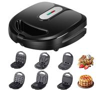 Macchina per grigliare da 750 W, mini macchina per ciambelle 6 in 1 con 6 teglie e spie luminose, riscaldamento su entrambi i lati e teglia antiaderente, tostapane per sandwich per uso domestico