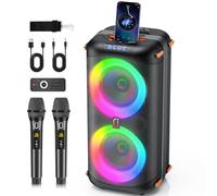 Macchina per karaoke, altoparlante Bluetooth portatile con 2 microfoni wireless per adulti, sistema PA Karaoke Box con luci da discoteca per grandi feste, uso esterno, supporta TF/USB, FM, Rec, AUX