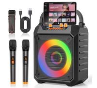 Macchina portatile per karaoke con 2 microfoni wireless, altoparlante per karaoke Bluetooth con sistema PA per adulti, feste, uso domestico, supporto BT/TF/USB/AUX/FM, registrazione, luci LED, bassi