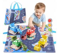 Macchinine da Cantiere per Bambini 1-3 Anni con Tappeto da Gioco | 4 Veicoli da Cantiere a Frizione, Semaforo in Silicone, Tappeto 2 in 1 Richiudibile come Borsa, Senza Batterie