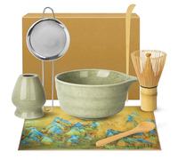 Macha Tea Kit, 7 Pezzi Matcha Kit, Completo con Matcha Whisk, Ciotola Matcha, Supporto Chasen, Setaccio da Matcha, Tappeto con Motivo, 2*Cucchiaio Matcha, Ideale per la Preparazione del tè Matcha