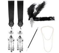 Machify Accessori da donna anni '20, set vintage per ruggenti anni '20, stile déco, include copricapo flapper, collana di perle, guanti di raso, orecchini, portasigarette