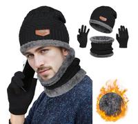 Machify Kit di guanti invernali, sciarpa e guanti in acrilico, sciarpa cappello con sciarpa foderata in pile, guanti touchscreen, per uomini e donne, attività all'aperto, colore nero