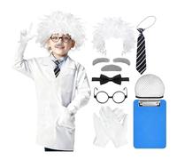 Machify Set di 10 costumi da scienziato pazzo per giovani scienziati, parrucca da scienziato pazzo di Halloween, cappotto da laboratorio e oggetti di scena per ragazzi e ragazze