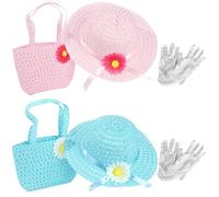 Machify Set di 2 cappelli da tè con cappelli e guanti, cappelli e borse in paglia intrecciata rosa e blu per i più piccoli, design floreale per feste del tè, compleanni, Pasqua e molto altro ancora