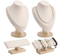 Machify Set di 4 busti espositori per gioielli, con base in legno, 2 supporti per collane e 2 espositori per braccialetti a T, busto per gioielli beige per fiere o per la casa