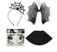 Machify Set di 4 pezzi per costume di Halloween, ali di ragnatela, fascia per capelli ragnatela, gemme per il viso, ali di pipistrello in rete, per feste di Halloween