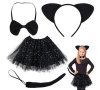 Machify Set di costumi da gatto nero, 4 pezzi con orecchie di gatto, papillon e tutù con paillettes, per Halloween, kit di accessori per cosplay