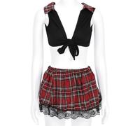 Machify Set di lingerie da donna, costume da studentessa per cosplay, due pezzi, costume da studentessa con cravatta e minigonna in pizzo a quadri