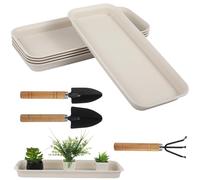 Machify Vassoio antigoccia per piante, 5 pezzi, in plastica, attrezzi da giardino 3 inclusi, 40 x 16 x 3 cm, rettangolare, antiscivolo, satinato, sottovaso per vasi da interni ed esterni, beige