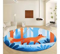 Machine Washable Round Rugs Diameter 140 cm, Non Slip Blue Floor Carpet - Low Pile Soft Cartoon Style Forest Animals Fox Area Rugs for Living Room Bedroom Playroom Entryway Home Decor