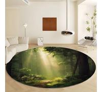 Machine Washable Round Rugs Diameter 90 cm, Non Slip Dark Green Floor Carpet - Low Pile Soft Natural Landscape Dense Forest Area Rugs for Living Room Bedroom Playroom Entryway Home Decor