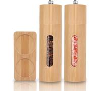 Macina Pepe e Macina Sale, Sale e Pepe Set Legno Manuale con Vassoio, Macina Sale e Pepe Regolabile Acryl Trasparente per Grana Fine o Grossolana, Trita Spezie per Sesamo, Cumino, Peperoncino