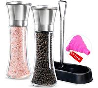 Macina Sale e Pepe con Supporto, Set Macina Aale e Pepe in Acciaio Inossidabile, Macina in Ceramica con 5 Livelli Regolabili di Precisione e Imbuto, Confezione da 2 Macinapepe