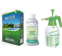 Maciste, Sementi per tappeto erboso ideale per zone aride 1Kg + Concime Help 10+5+7+Micro da 1 litro Bottos con Pompa Nebulizzatrice a Pressione 2L