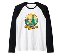 Mackinac Island Skyline Michigan Barca a Vela Nautico Retro Maglia con Maniche Raglan