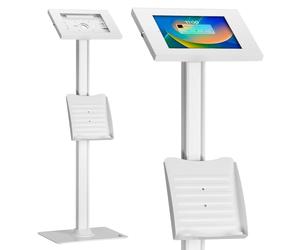 Maclean MC-476 - Supporto da pavimento per tablet con protezione antifurto e porta volantino, compatibile con iPad/iPad Air/iPad Pro, Samsung Galaxy Tab A/Tab A7/Tab S6 Lite (bianco)