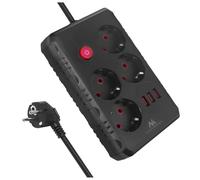 Maclean MCE392/3 - Ciabatta multipresa, 4 prese 3 x USB, 2500 W, presa angolare a 45°, interruttore illuminato, montaggio a parete, universale per casa, ufficio e giochi (nero, 1,5 m)