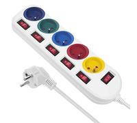 Maclean Prolunga elettrica Ciabatta con interruttori da 1,5 m Presa multipla a 5 vie Tipo-E Protezione bambini Spina FR Max. Protezione da sovratensione 10A (Bianco/multicolore)