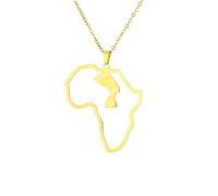Macracrua Collana con ciondolo a forma di mappa dell'Africa con sagoma di Nefertiti, stile afrocentrico, stile egiziano, gioiello minimalista, 60cm Chain, Acciaio inossidabile, Non pietra preziosa