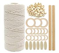 Macrame Kit Macrame Corda 3mm Macramè Filo Naturale Cotone Set 50 Perline in Legno Anelli in Legno 2 Bastoncini per Appendiabiti per Fiori,DIY Knitting Craft