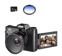 Macro Lens 4K Digital Camera Flip Screen Selfie Camcorder 48MP Vlog WIFI Webcam Videoregistratore Vintage 16X Grandangolare Scatta Nitida Fluida(32G SD Card,With Lens Filter-04)