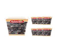 MADAMA OLIVA, Olive Nere Leccino Denocciolate Condite dal Sapore Speziato e Leggermente Aromatico, Ideale per Stuzzichini e Antipasti, 100% Made in Italy, 6 x 200 gr