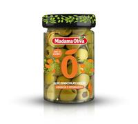 Madama Oliva Olive Verdi Denocciolate Greche 140g, Varietà Halkidiki, Gusto Arancia e Rosmarino, Lavorazione Castelvetrano, Confezionate in Salamoia, Sapore Intenso e Aromatico
