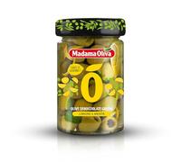 Madama Oliva Olive Verdi Denocciolate Greche 140g, Varietà Halkidiki, Gusto Limone e Menta, Lavorazione Castelvetrano, Confezionate in Salamoia, Sapore Fresco e Aromatico